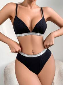 2pcs Set Women Ribbed Sexy & Fashionable European Style Lingerie Set - Black - View 4