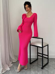 Chiquease 1 chiếc váy len dệt kim thêu hoa tay loe cho nữ, thanh lịch cho mùa thu/đông - Màu Hồng Tươi - Xem 3