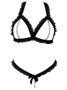 Pearls Beaded Lace Cut-out Lingerie Set