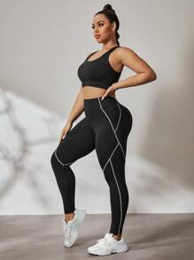 Easithlete 3pcs/Set Contrast Color Yarn Legging, Jacquard Fabric Top, Cross Front Sports Bra, Plus Size