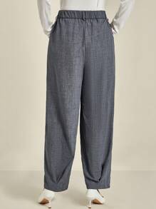 Plus Size Women Grey Textured Woven Casual Pants With Pockets Fall Cloth For Women - Grey - View 2