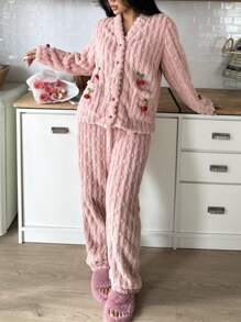 Women 3D Cherry Decor Plush Long Sleeve Long Pants Pajama Set, Winter - Coral Pink - View 1
