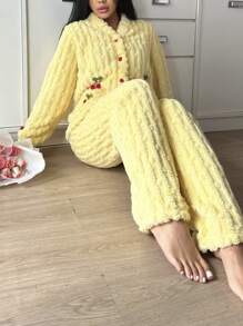 Women Cute 3D Cherry Decoration Fleece Pullover & Pants Pajama Set, Autumn Winter - Yellow - View 5