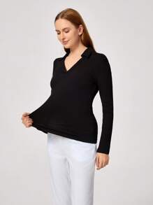 TaskEZ Solid Color Lapel Long Sleeve Nursing Scrub Uniform Top Scrub Top - Black - View 3