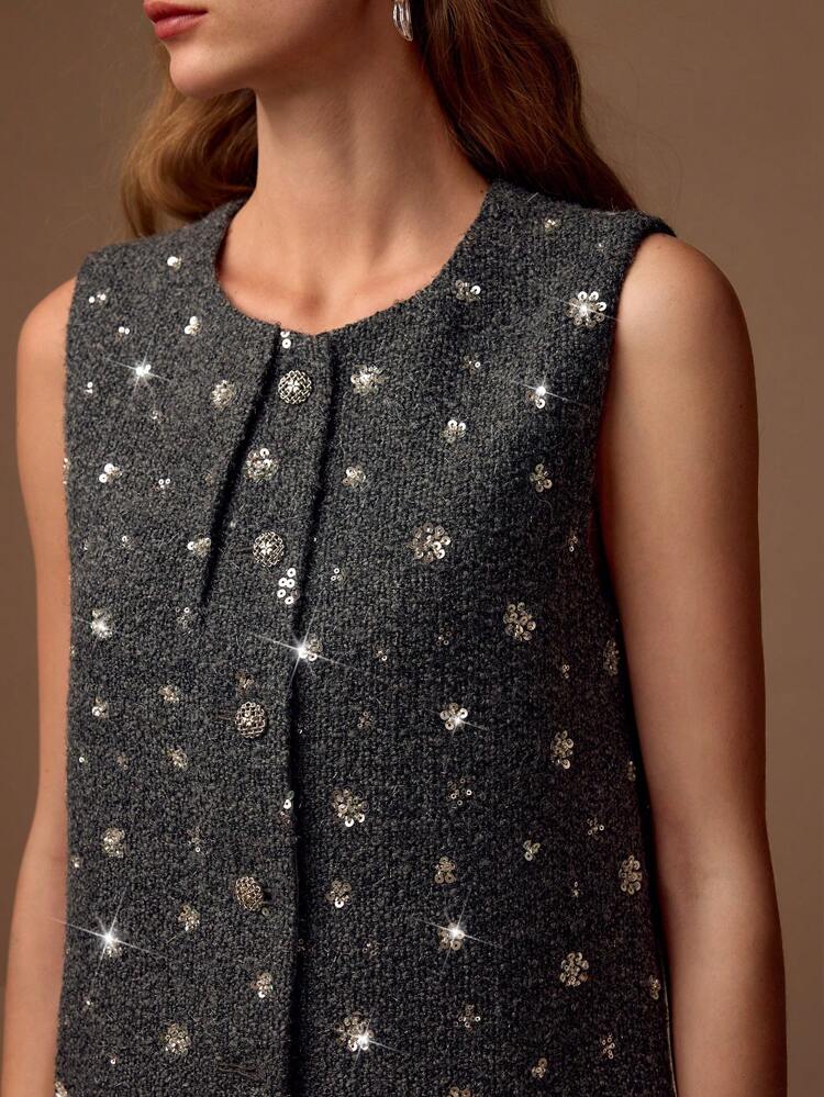 WOMEN WOOL BUTTON FRONT SEQUIN TANK TOP