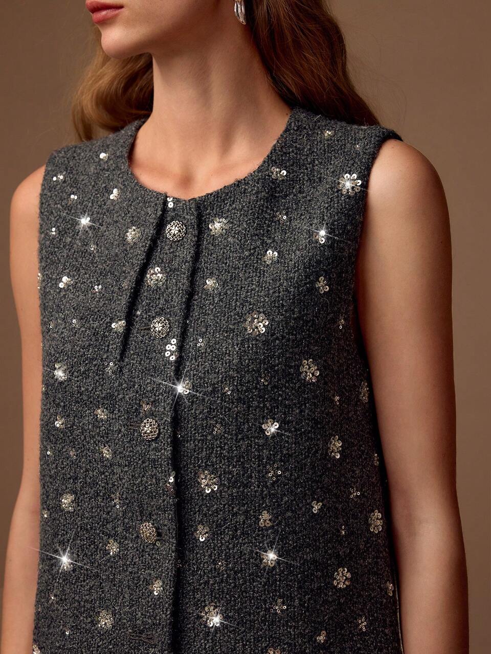 WOMEN WOOL BUTTON FRONT SEQUIN TANK TOP
