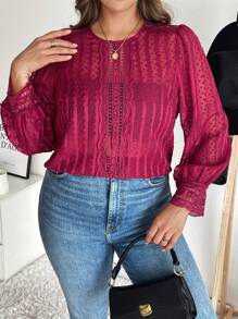 SHEIN Frenchy Plus Solid Fall Lantern Sleeve Blouse Without Cami Top,Lace,Long Sleeves,Date Night