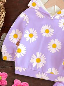SHEIN Conjunto casual de 2 piezas para niña bebé "Margarita", con estampado floral lindo en morado, que incluye sudadera holgada con gráfico de letra y pantalón relajado, dulce y tranquilo
