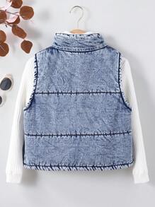 SHEIN 青少年女孩秋冬休闲立领一件式拉链无袖石洗加绒加厚牛仔背心夹克棉服外套