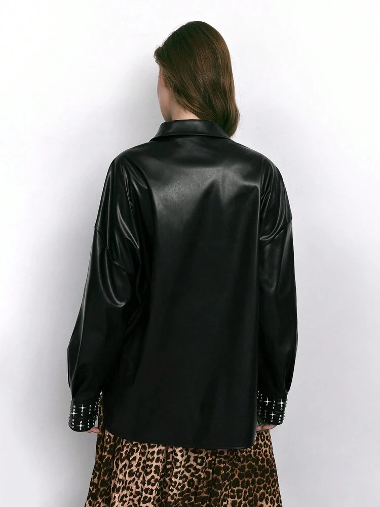 SHEIN Maija Blouse à manches longues avec décoration de perles sur les manches en PU noir, style décontracté. Convient pour l'automne/l'hiver