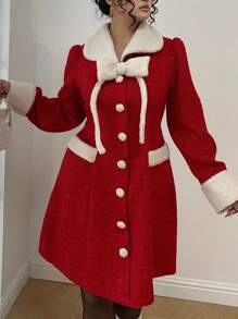 Celure Vestido casual de fiesta para citas, reuniones y uso diario, elaborado en tela de bucle roja para Navidad, con cuello redondo, botones, lazo y bolsillo, para mujeres de talla grande, para otoño/invierno, ropa para Año Nuevo