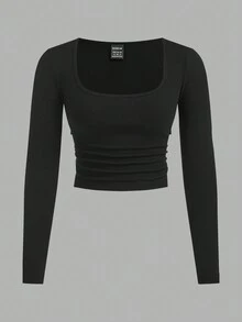 SHEIN EZwear 2 件女式基本款修身休闲针织短长袖 T 恤，黑色和白色 - 黑與白 - 查看 5