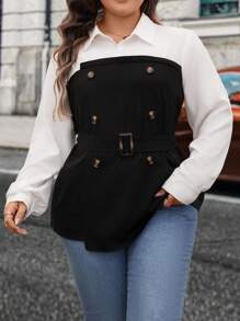 SHEIN Clasi Plus Size Women Contrast Color Lapel Long Sleeve Patchwork Elegant Work Shirt - Black and White - View 6