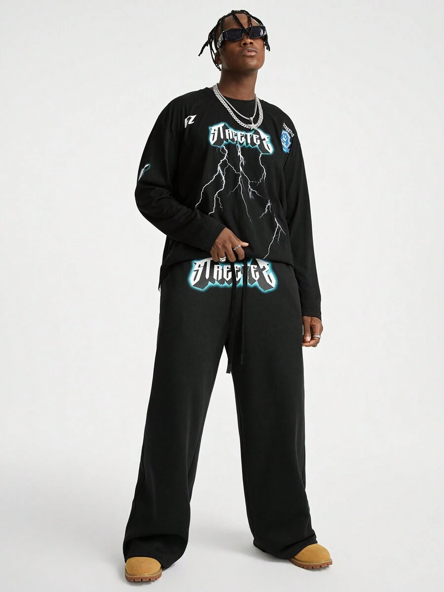 Manfinity VCAY Men's Lightning Print Loose Fit Long Sleeve T-Shirt And Long Pants Set