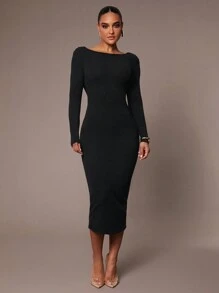 Silquee Women's Elegant And Gorgeous Autumn And Winter Draped Backless Long Sleeve Dress Ideal For Daily Commuting Or Partying, Black Stretch Knit Midi Dress,Thanksgiving,Christmas,New Year Eve Outfit