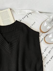 Tween Girls Casual Oversized Plain Color V-Neck Long Sweater Vest - Black - View 3