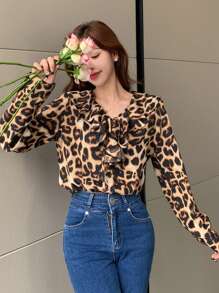 DAZY Leopard Print Flounce Tie Neck Loose Blouse For Women,Fall Clothes Long Sleeve Top - Brown - View 7