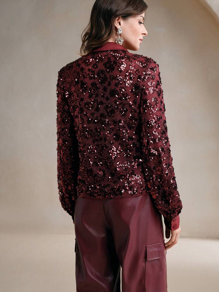 Sexy Shiny Sequin Hollow Out Wine Red Mesh Blouse Lady Party Top Women Shirt