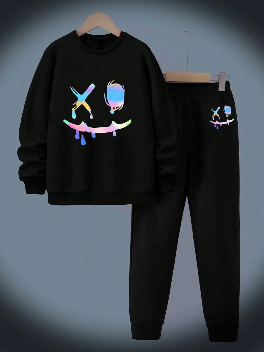 4 岁至 7 岁男孩冬季服装：圆领长袖运动衫 + 松紧腰裤，黑色，带彩色笑脸设计 - 黑色 - 查看 1