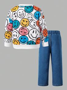 SHEIN Explorewe Bộ 2 quần ống đứng in họa tiết mặt cười Graffiti nhiều màu sắc cho bé trai phong cách thường ngày phù hợp với thời trang đường phố vui nhộn và quần denim ống đứng in họa tiết - Nhiều màu - Xem 2