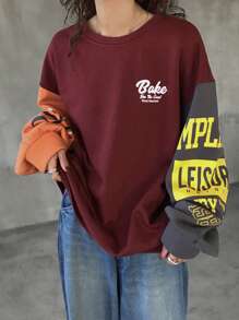 FRIFUL 女士休闲拼色字母印花圆领长袖运动衫秋季