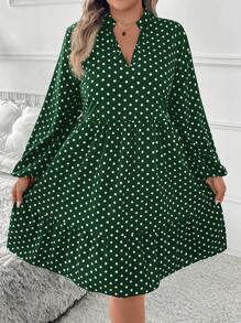 SHEIN Clasi Plus Size Solid Color Polka Dot Print V-Neck Long Sleeve Dress