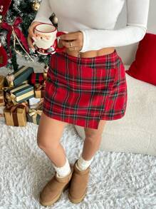 SHEIN EZwear 女式圣诞秋冬不对称下摆格子印花半身裙 - 紅色 - 查看 6