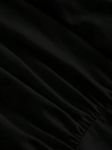 SHEIN MOD Stand Collar Bowknot Drawstring Ruched Beige Top - Black - View 4