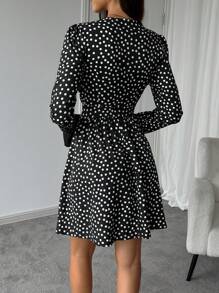 INAWLY Women's Casual V-Neck Polka Dot Print Mini Dress, Autumn