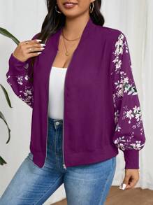 SHEIN Frenchy Plus Size Floral Print Splicing Baseball Jacket