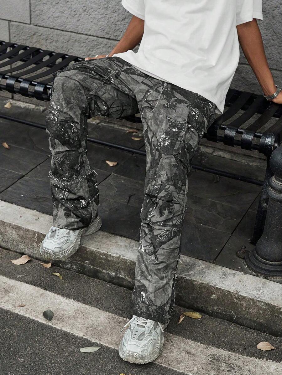 PAVTROS 男士复古宽松多口袋工装裤，街头风格，迷彩裤，emo，2000 年代风格，秋季 - 深灰色 - 查看 1