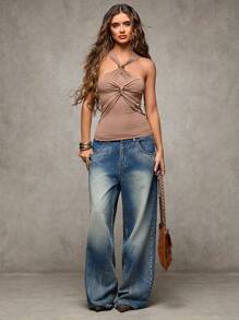 SHEIN BAE Áo dệt kim màu kaki trơn thoải mái dành cho nữ, điểm nhấn là chi tiết trang trí kim loại thanh lịch, cổ cao thắt nút xoắn, không tay, phù hợp cho công sở, trang trọng hoặc dịp Giáng sinh. - màu nâu - Xem 4