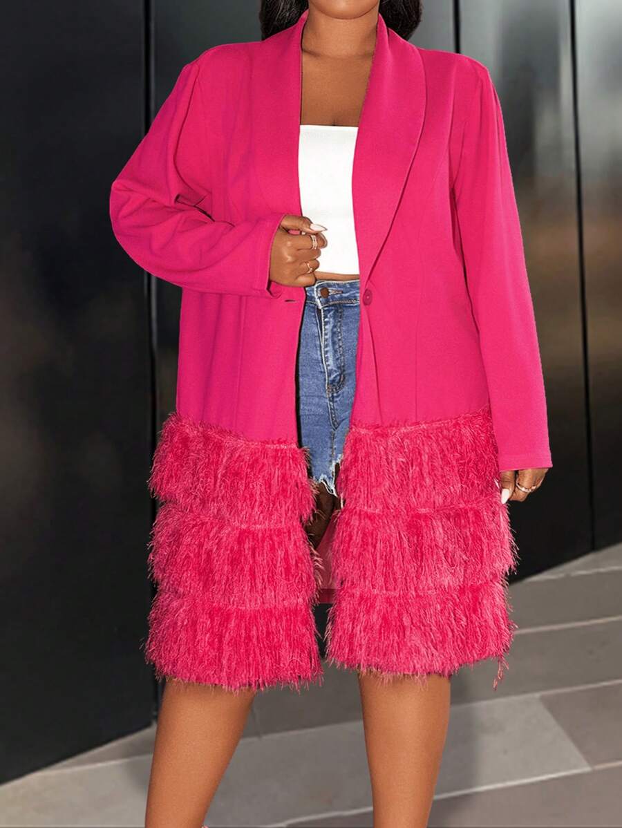 Slaydiva Elegant & Party & Gathering & Date Plain Burgundy Lapel Flounce Layered Fringe Embellished Plus Size Women Jacket Spring Autumn