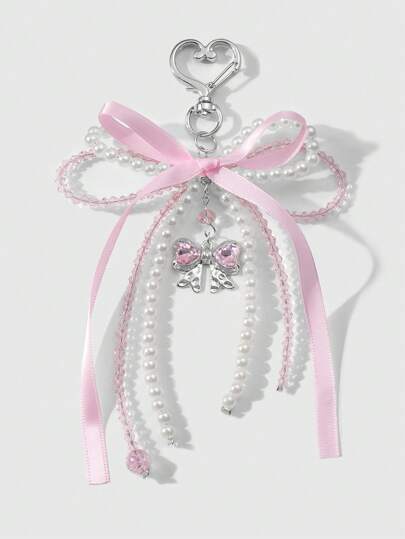 Kawaii 1 pièce Élégant Casual fait main Perle blanche en cristal perle rose ruban nœud papillon ailes cœur pendentif porte-clés et porte-clés, convient pour les femmes, port quotidien ou cadeaux de la Saint-Valentin