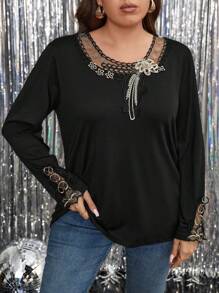 EMERY ROSE Women's Fashion Versatile Solid Color Collar & Cuff Gold Floral Trim Design Layering Tee, Plus Size, Suitable For Halloween, Christmas, New Year, Valentine's Day, Thanksgiving Party Fall Cloth For Women - Black - View 5