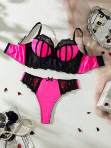 Plus Contrast Lace Underwire Bra & Panty Lingerie Set - Multicolor - View 7