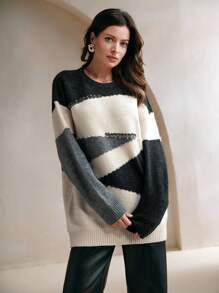 Anewsta Autumn/Winter Rhinestone Contrast Color Patchwork Knitted Loose Elegant Casual Christmas Sweater  Fall Outfit