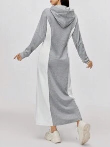 Mulvari Váy dài trùm đầu có dây rút màu tương phản chắp vá thường ngày dành cho nữ, mùa thu - Xám - Xem 2