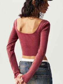 Bohemela 1pc Women Solid Color Knitted Cropped Fitted Washed Tank Top, Casual - Burgundy - View 8