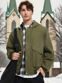 Manfinity VCAY Men's Fashion Casual Woven Short Stand Collar Zip Up Long Sleeve Jacket, For Fall Winter