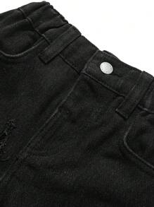 SHEIN Jonge jongens modieuze versleten gescheurde gerafeld patchwork losse pasvorm baggy zwarte jeans, vrijetijds- en veelzijdige voor kinderen herfst/winter outdoor kleding outfits
