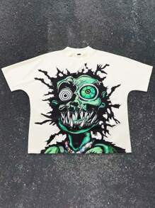 Manfinity Roghcode Manfinity Streetrush Men Big Eye Monster Graphic Oversized T-Shirt,High Collar Loose Halloween Short Sleeve,Beige,Summer,Streetwear,City Break,Rapper - Multicolor - View 2