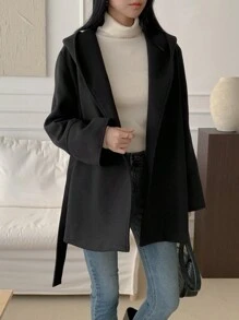 DAZY 女士休闲纯色连帽大衣，秋冬女装夹克，秋季女装 - 黑色 - 查看 4