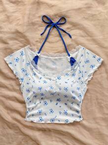 Soleia 女式复古红白小碎花蕾丝边高领拼色露背 T 恤，可爱蝴蝶结装饰 2 合 1 芭蕾风格休闲夏季上衣，午餐，返校