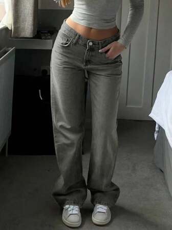 Pantalones grises para mujer; casuales, versátiles, básicos, pantalones rectos de mezclilla aptos para las cuatro estaciones