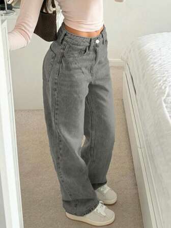 Graue Hosen für Damen; Lässig, vielseitig, basic, ganzjährig tragbare, gerade geschnittene Jeans-Hosen.