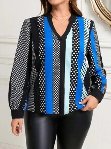 SHEIN Clasi Camisa de manga larga con estampado de lunares y parches, de estilo informal para tallas grandes, para otoño - Azul - Ver 3