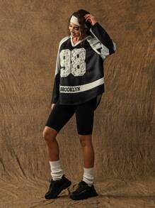 VARSITIE Áo thun giữ nhiệt Ersey Áo nỉ đơn sắc họa tiết số dài tay dành cho nữ, kiểu dáng tối giản, thường ngày - Đen và trắng - Xem 5