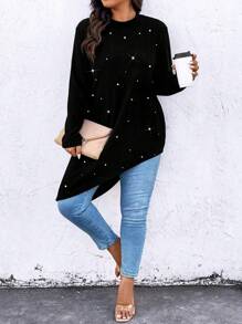 Plus Size Women Crew Neck Long Sleeve Asymmetrical Hem Tee With Faux Pearl Decor, Casual For Autumn For Spring - Black - View 4