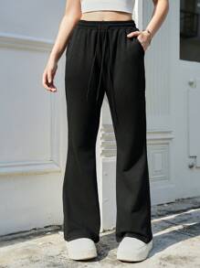 SHEIN Explorewe Teen Girls Casual Solid Color Drawstring Waist Side Pocket Flare Leg Sweatpants - Black - View 2